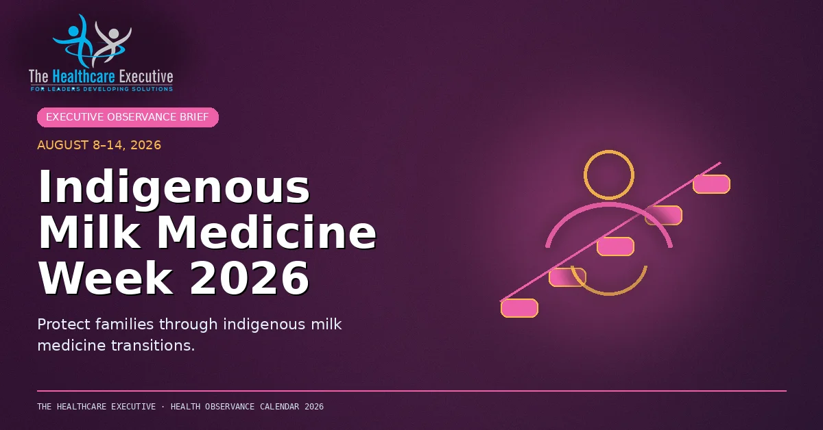 Indigenous Milk Medicine Week 2026 cinematic editorial hero using a maternal motif in a timeline ascent composition, with The Healthcare Executive transparent logo.