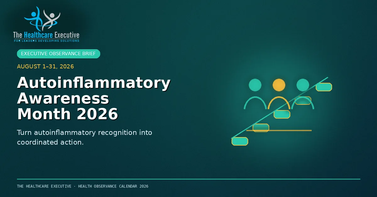 Autoinflammatory Awareness Month 2026 cinematic editorial hero using a public health motif in a timeline ascent composition, with The Healthcare Executive transparent logo.
