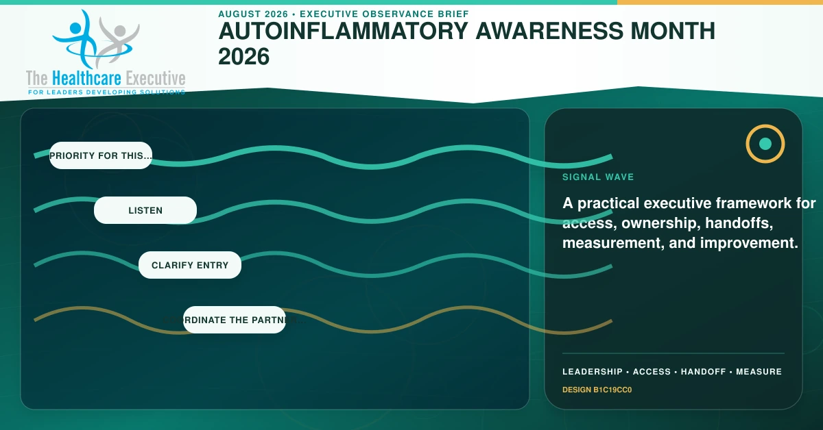 Autoinflammatory Awareness Month 2026 signal wave connecting Priority for this…, Listen, Clarify entry, Coordinate the partner… in a distinct executive operating pathway.