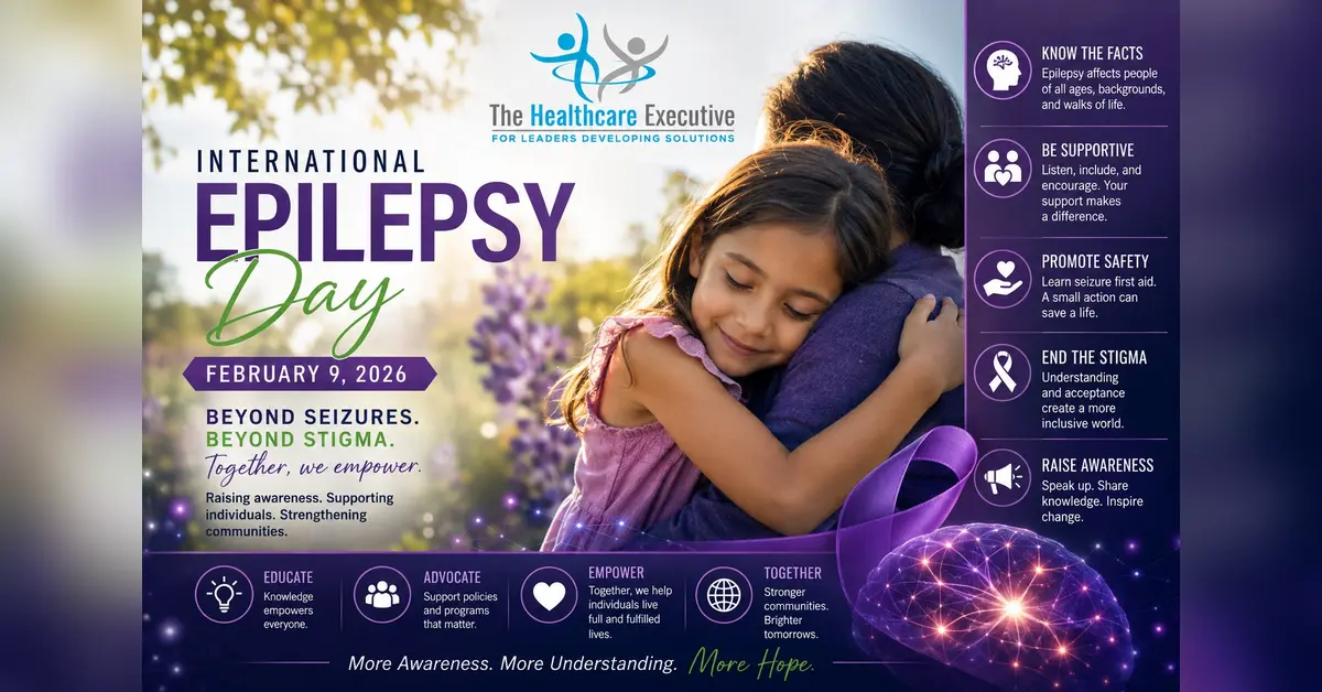 International Epilepsy Day 2026 cinematic editorial hero using a neuro motif in a bridge network composition, with The Healthcare Executive transparent logo.