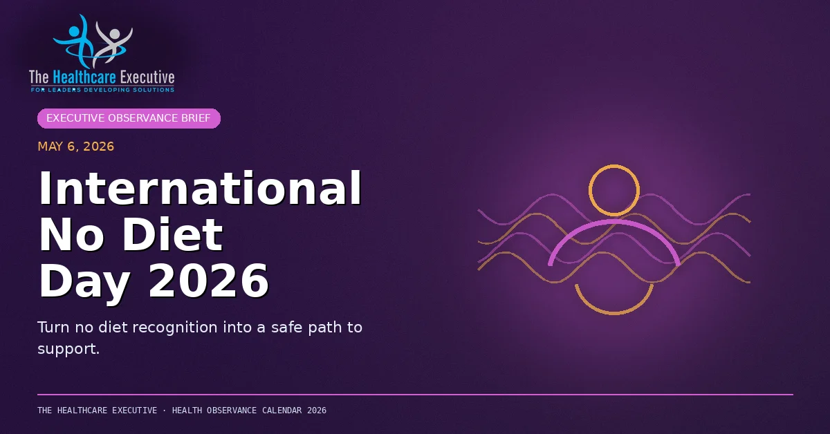 International No Diet Day 2026 cinematic editorial hero using a mental motif in a signal wave composition, with The Healthcare Executive transparent logo.