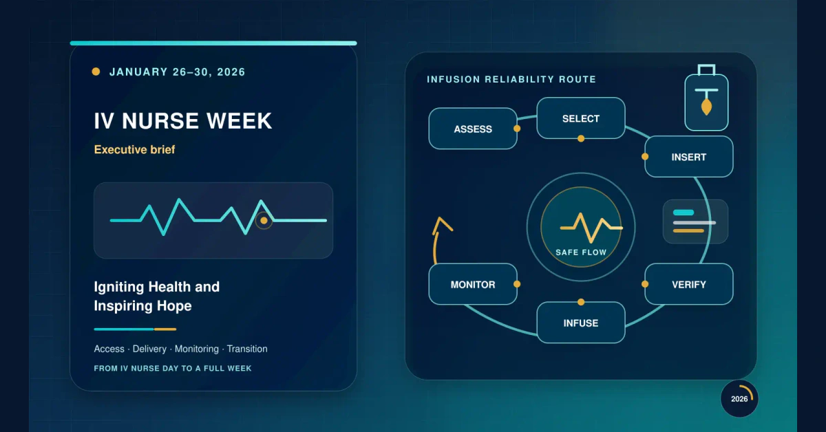 Abstract infusion reliability route connecting assessment, access selection, insertion, verification, infusion, monitoring, and safe flow.