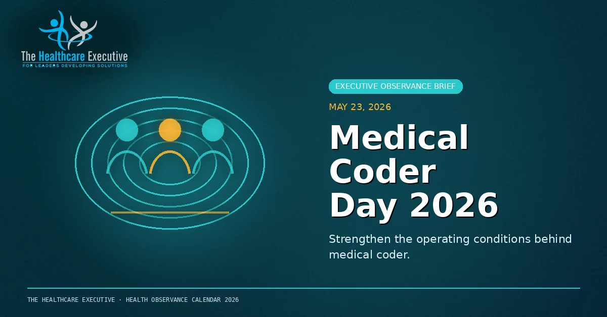 Medical Coder Day 2026 cinematic editorial hero using a workforce motif in a orbital focus composition, with The Healthcare Executive transparent logo.