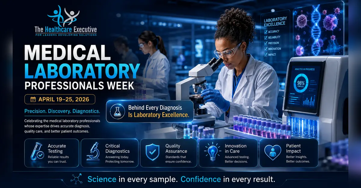 Medical Laboratory Professionals Week 2026 cinematic editorial hero using a nursing motif in a care constellation composition, with The Healthcare Executive transparent logo.