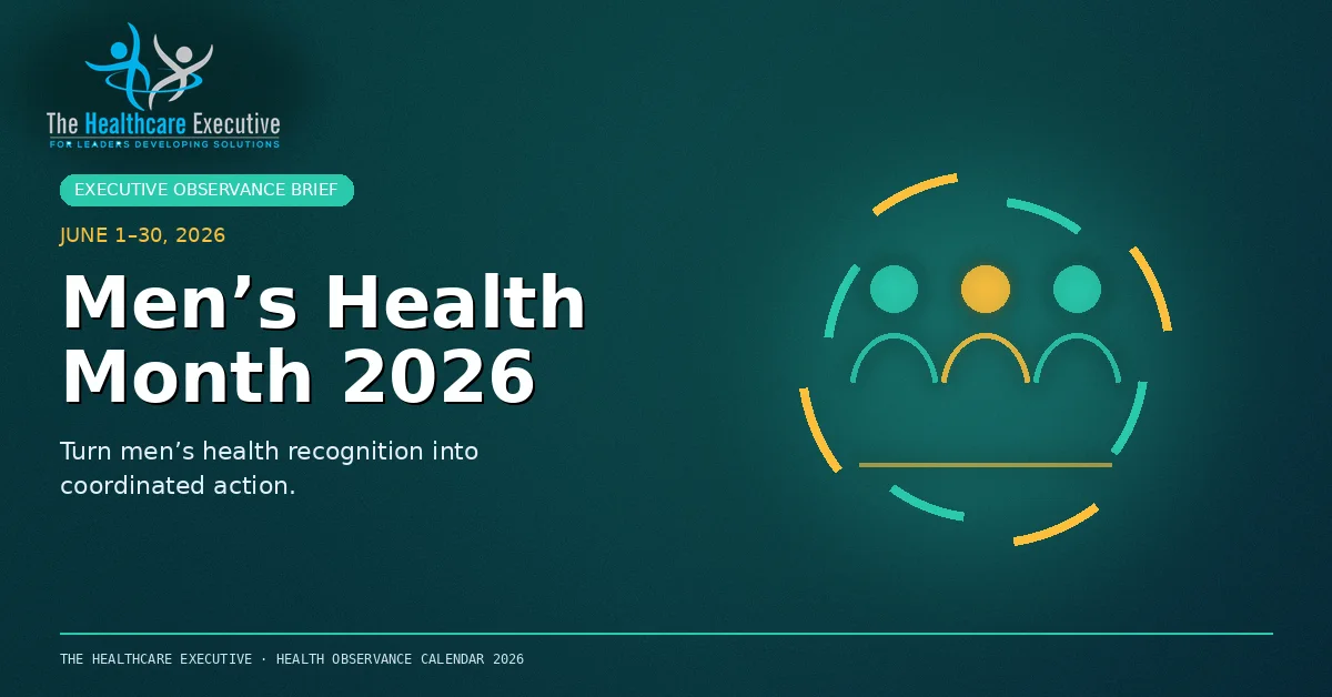 Men’s Health Month 2026 cinematic editorial hero using a public health motif in a command ring composition, with The Healthcare Executive transparent logo.