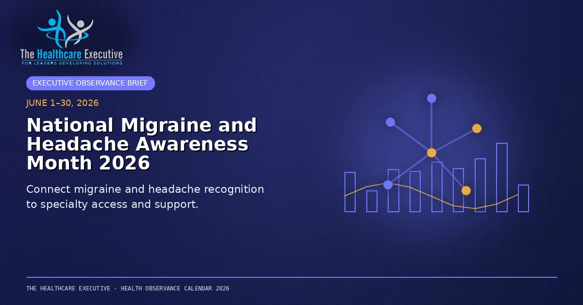 National Migraine and Headache Awareness Month 2026 cinematic editorial hero using a neuro motif in a system skyline composition, with The Healthcare Executive transparent logo.