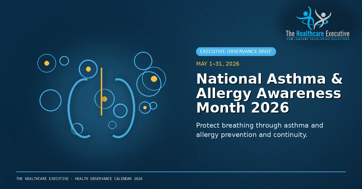 National Asthma & Allergy Awareness Month 2026 cinematic editorial hero using a respiratory motif in a macro cellular composition, with The Healthcare Executive transparent logo.