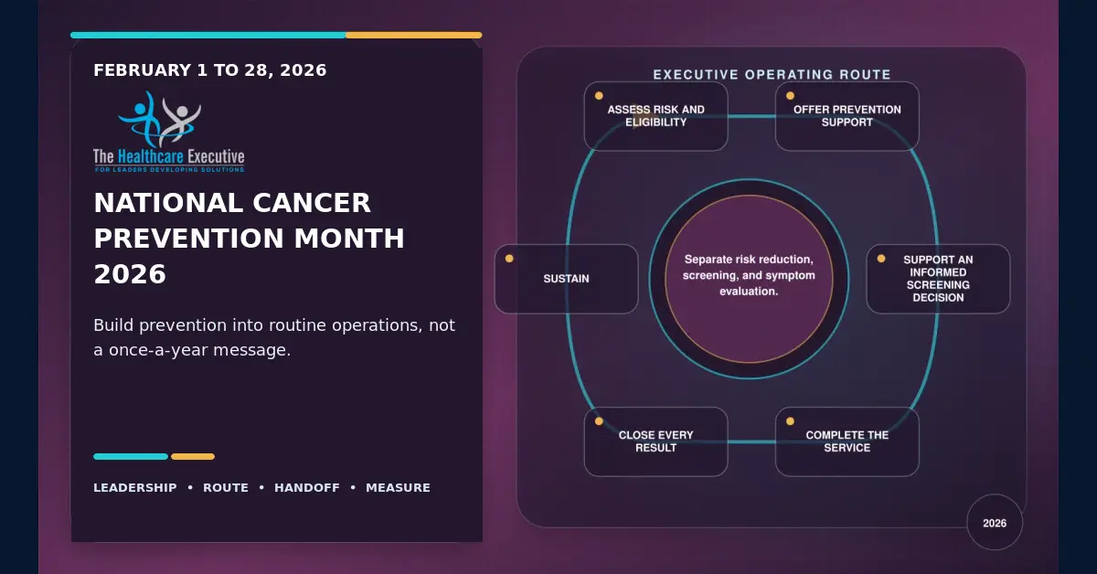 Branded National Cancer Prevention Month 2026 hero featuring an executive operating route from risk assessment through prevention support, screening, service completion, and follow-up.