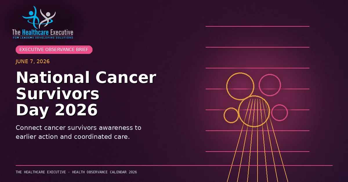 National Cancer Survivors Day 2026 cinematic editorial hero using a cancer motif in a clinical corridor composition, with The Healthcare Executive transparent logo.