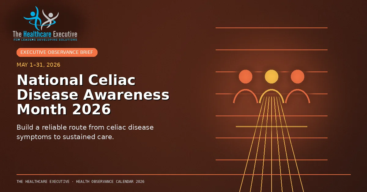 National Celiac Disease Awareness Month 2026 cinematic editorial hero using a digestive motif in a clinical corridor composition, with The Healthcare Executive transparent logo.