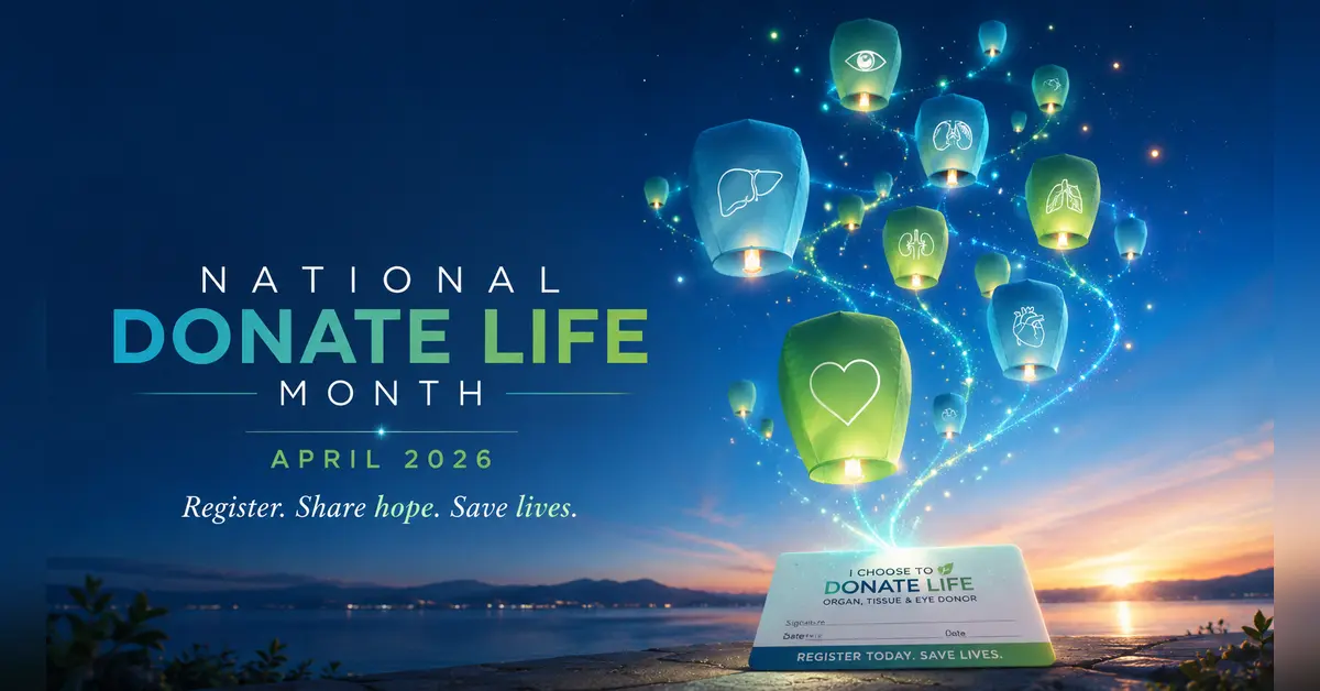 National Donate Life Month 2026 cinematic editorial hero using a public health motif in a community orbit composition, with The Healthcare Executive transparent logo.