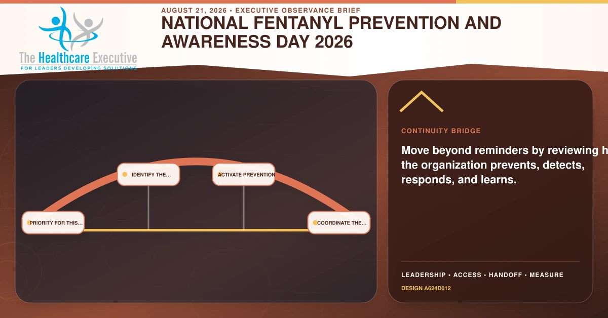 National Fentanyl Prevention and Awareness Day 2026 continuity bridge connecting Priority for this…, Identify the concern, Activate prevention, Coordinate the partner… in a distinct executive operating pathway.