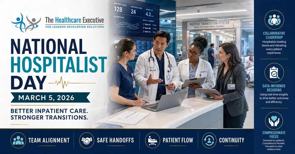 National Hospitalist Day 2026 approved hero featuring an interdisciplinary inpatient care team coordinating safe transitions.