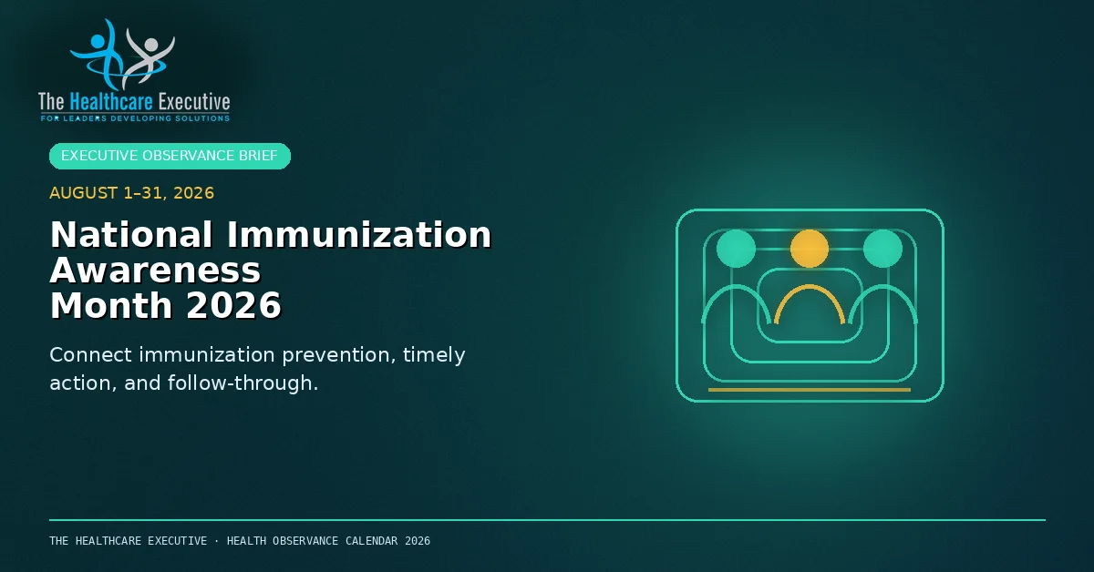 National Immunization Awareness Month 2026 cinematic editorial hero using a infectious motif in a containment field composition, with The Healthcare Executive transparent logo.