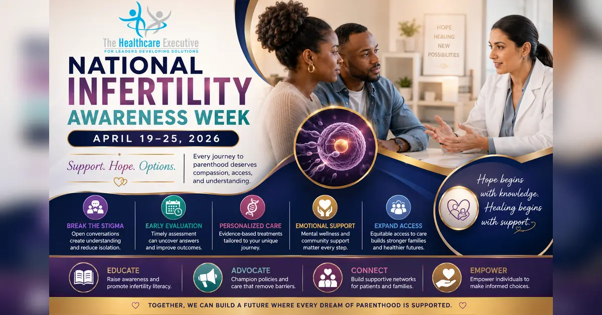 National Infertility Awareness Week 2026 cinematic editorial hero using a public health motif in a system skyline composition, with The Healthcare Executive transparent logo.