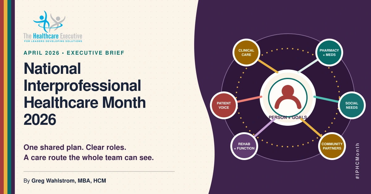 Original roundtable illustration for National Interprofessional Healthcare Month 2026, with multiple professional roles connected to one person and shared goals.