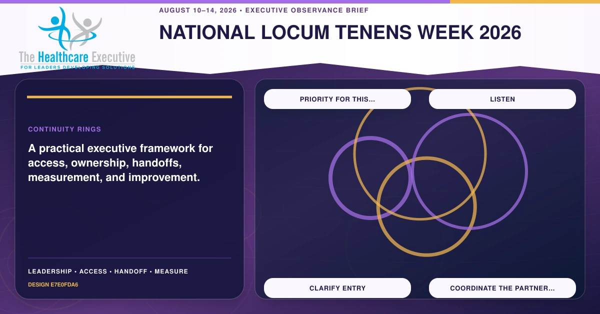 National Locum Tenens Week 2026 continuity rings connecting Priority for this…, Listen, Clarify entry, Coordinate the partner… in a distinct executive operating pathway.