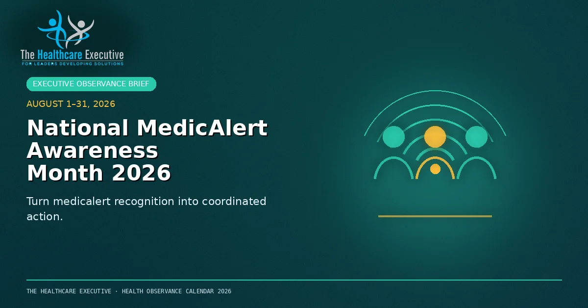 National MedicAlert Awareness Month 2026 cinematic editorial hero using a public health motif in a layered beacon composition, with The Healthcare Executive transparent logo.