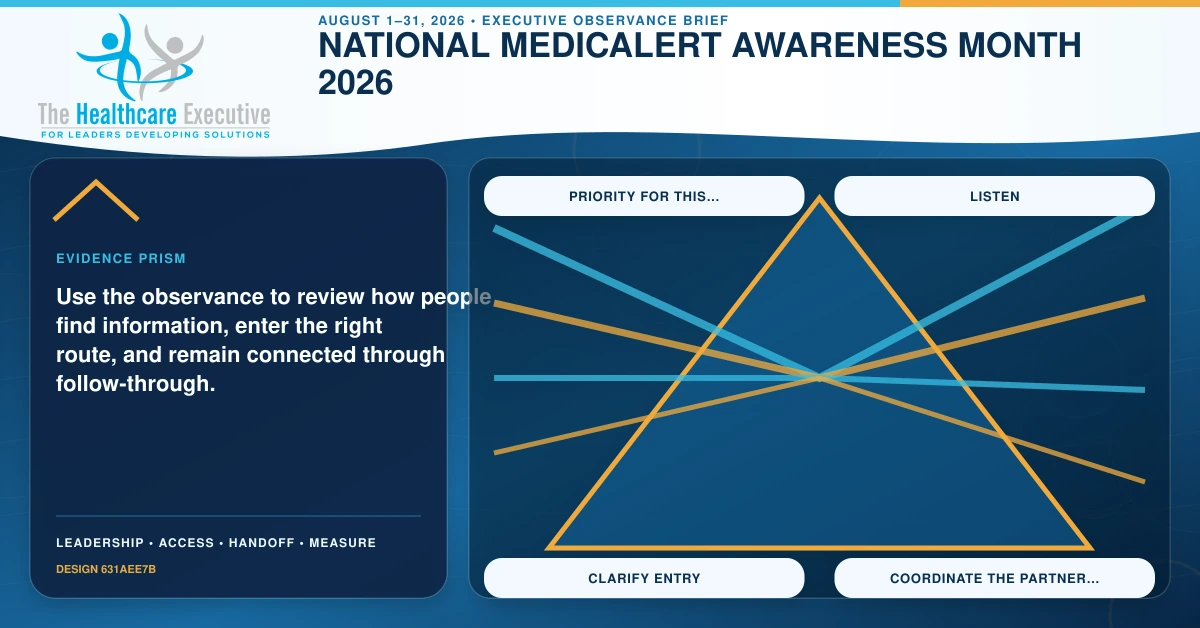 National MedicAlert Awareness Month 2026 evidence prism connecting Priority for this…, Listen, Clarify entry, Coordinate the partner… in a distinct executive operating pathway.