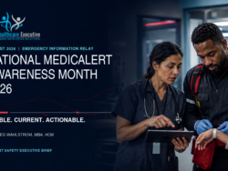 Healthcare leaders strengthening the emergency information relay among a patient, medical ID, first responders, and the care team for National MedicAlert Awareness Month 2026.