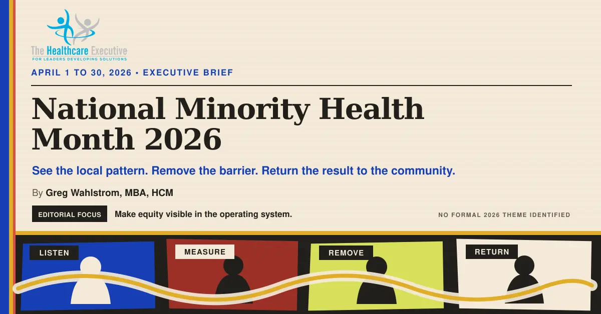 National Minority Health Month 2026 field journal graphic with community windows connected by a line representing listening, measurement, barrier removal, and return.