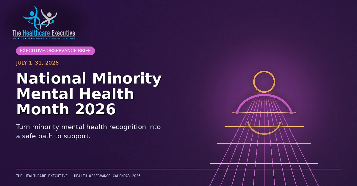 National Minority Mental Health Month 2026 cinematic editorial hero using a mental motif in a lattice depth composition, with The Healthcare Executive transparent logo.