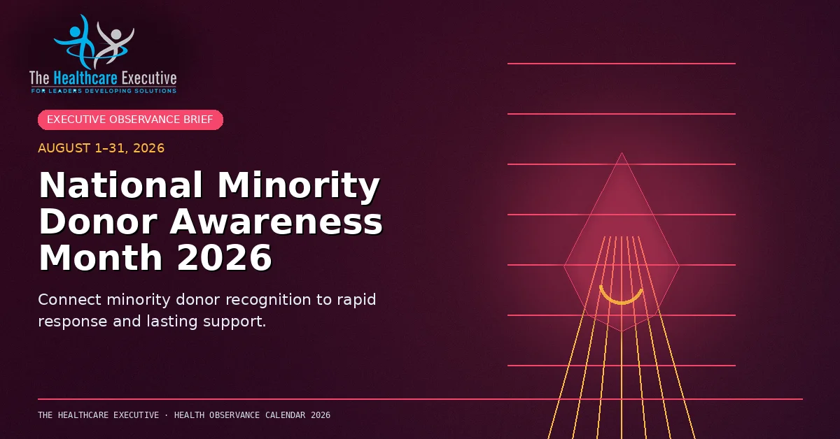 National Minority Donor Awareness Month 2026 cinematic editorial hero using a blood motif in a clinical corridor composition, with The Healthcare Executive transparent logo.