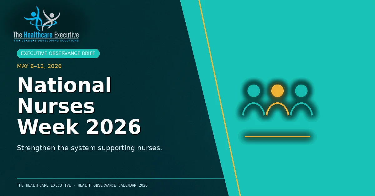 National Nurses Week 2026 cinematic editorial hero using a nursing motif in a split horizon composition, with The Healthcare Executive transparent logo.
