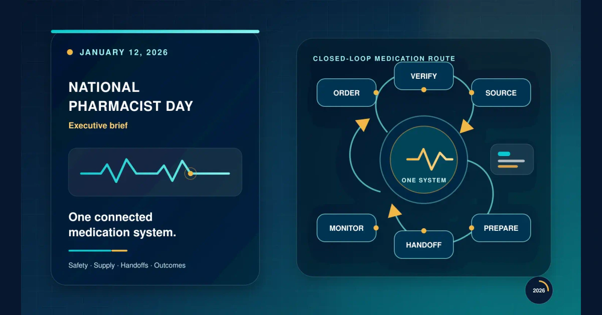 Abstract closed-loop medication route connecting order, verification, sourcing, preparation, handoff, and monitoring.