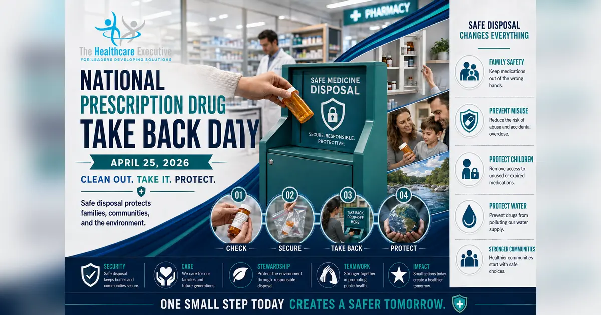 National Prescription Drug Take Back Day 2026 cinematic editorial hero using a mental motif in a containment field composition, with The Healthcare Executive transparent logo.