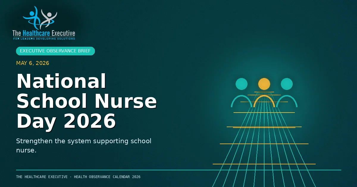 National School Nurse Day 2026 cinematic editorial hero using a nursing motif in a lattice depth composition, with The Healthcare Executive transparent logo.
