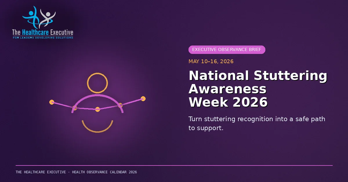 National Stuttering Awareness Week 2026 cinematic editorial hero using a mental motif in a care continuum composition, with The Healthcare Executive transparent logo.