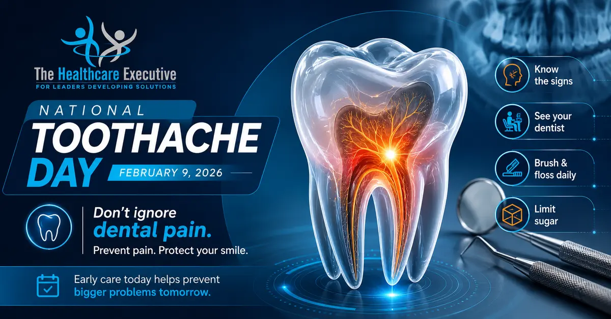 National Toothache Day 2026 cinematic editorial hero using a dental motif in a lattice depth composition, with The Healthcare Executive transparent logo.