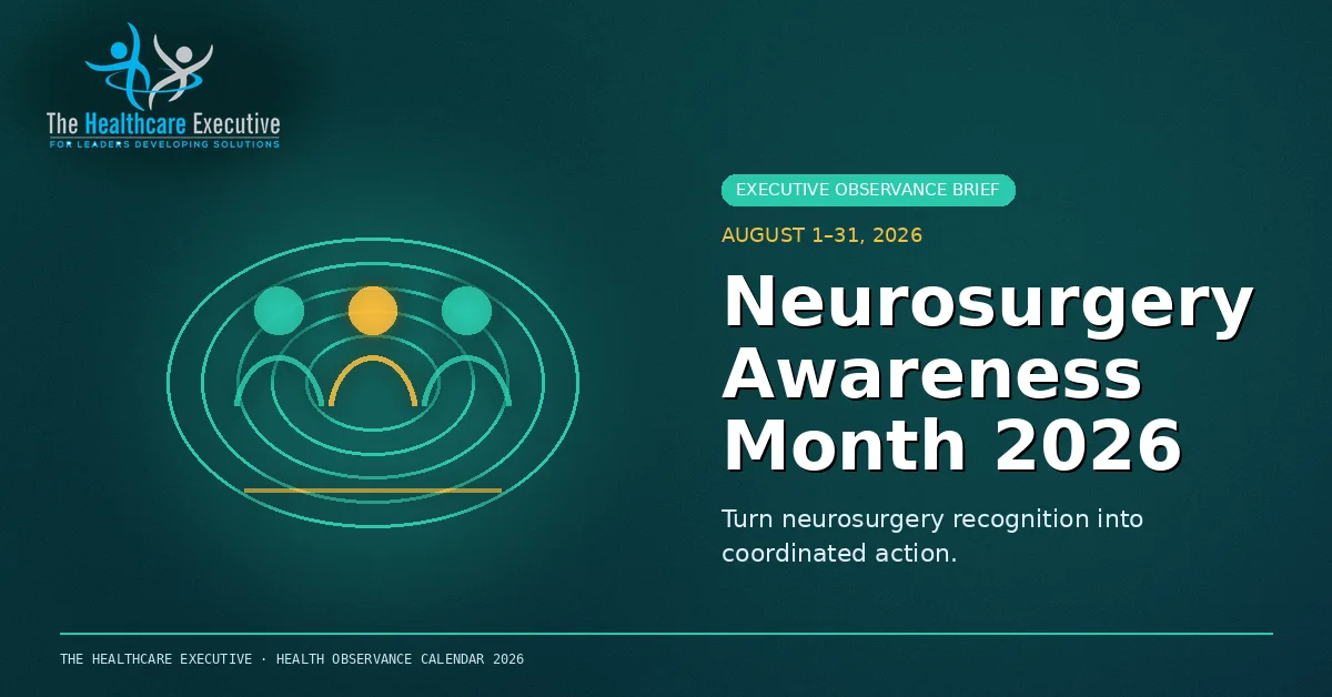 Neurosurgery Awareness Month 2026 cinematic editorial hero using a public health motif in a orbital focus composition, with The Healthcare Executive transparent logo.