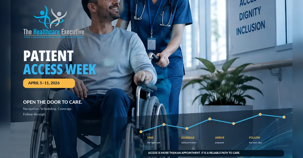 Patient Access Week 2026 cinematic editorial hero using a generic motif in a care constellation composition, with The Healthcare Executive transparent logo.