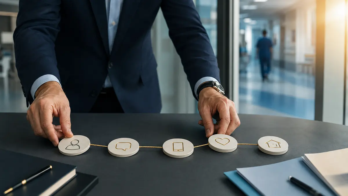Healthcare executive arranging patient journey touchpoints to align accountability and improvement.