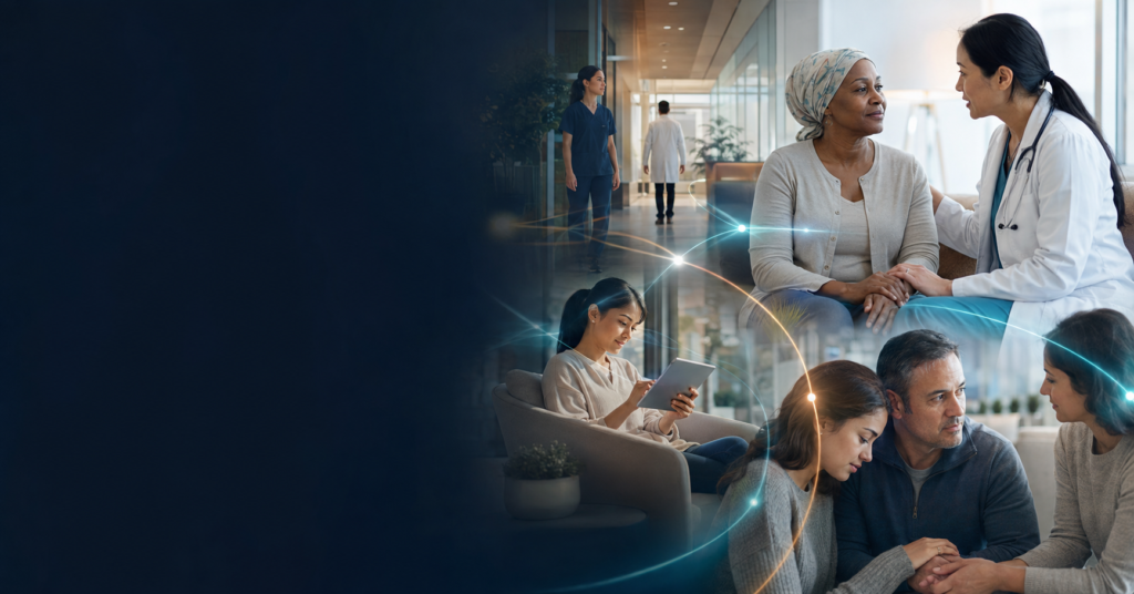 A patient, clinician, family, and digital care touchpoint connected across a modern hospital journey.