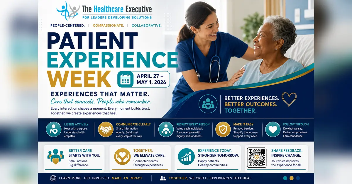 Patient Experience Week 2026 cinematic editorial hero using a public health motif in a care constellation composition, with The Healthcare Executive transparent logo.