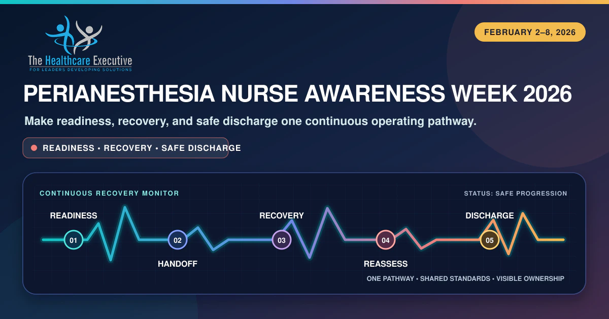 PeriAnesthesia Nurse Awareness Week 2026 recovery monitor linking readiness, handoff, recovery, reassessment, and safe discharge as one continuous pathway.