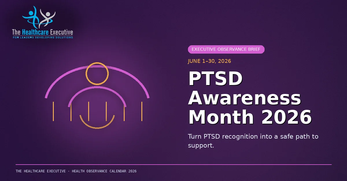 PTSD Awareness Month 2026 cinematic editorial hero using a mental motif in a bridge network composition, with The Healthcare Executive transparent logo.