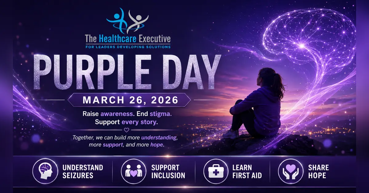 Purple Day 2026 cinematic editorial hero using a generic motif in a clinical corridor composition, with The Healthcare Executive transparent logo.