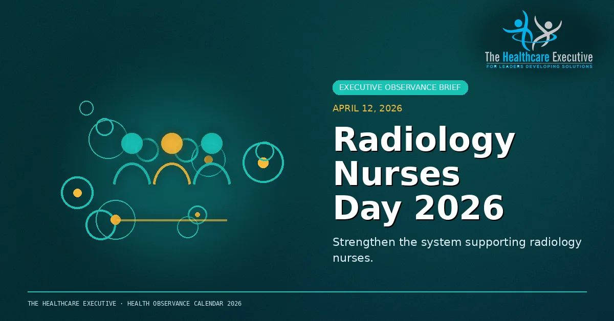 Radiology Nurses Day 2026 cinematic editorial hero using a nursing motif in a macro cellular composition, with The Healthcare Executive transparent logo.