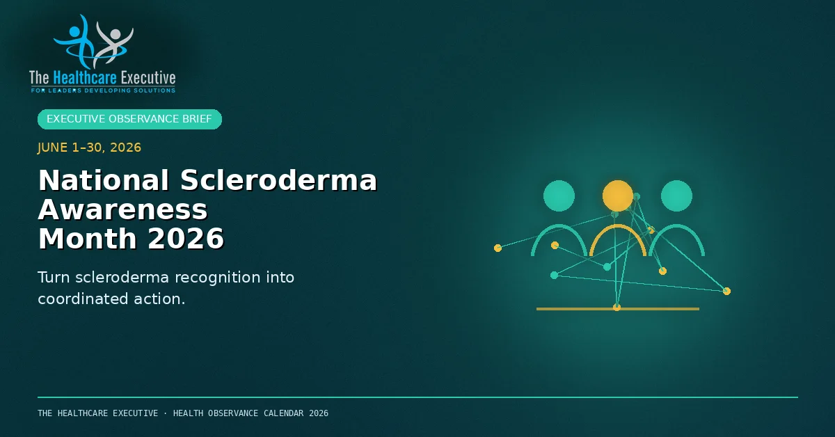 National Scleroderma Awareness Month 2026 cinematic editorial hero using a public health motif in a care constellation composition, with The Healthcare Executive transparent logo.