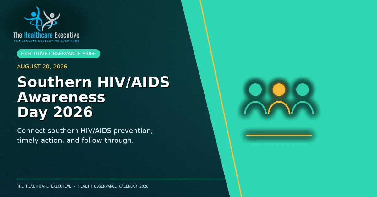 Southern HIV/AIDS Awareness Day 2026 cinematic editorial hero using a infectious motif in a split horizon composition, with The Healthcare Executive transparent logo.