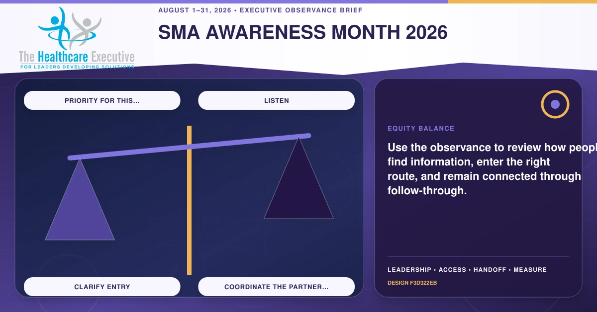 SMA Awareness Month 2026 equity balance connecting Priority for this…, Listen, Clarify entry, Coordinate the partner… in a distinct executive operating pathway.