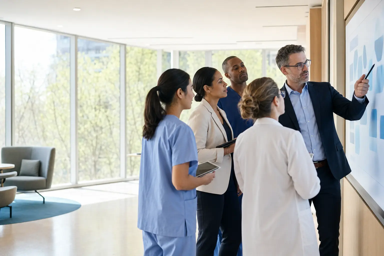 Hospital executive facilitating a spring leadership strategy workshop