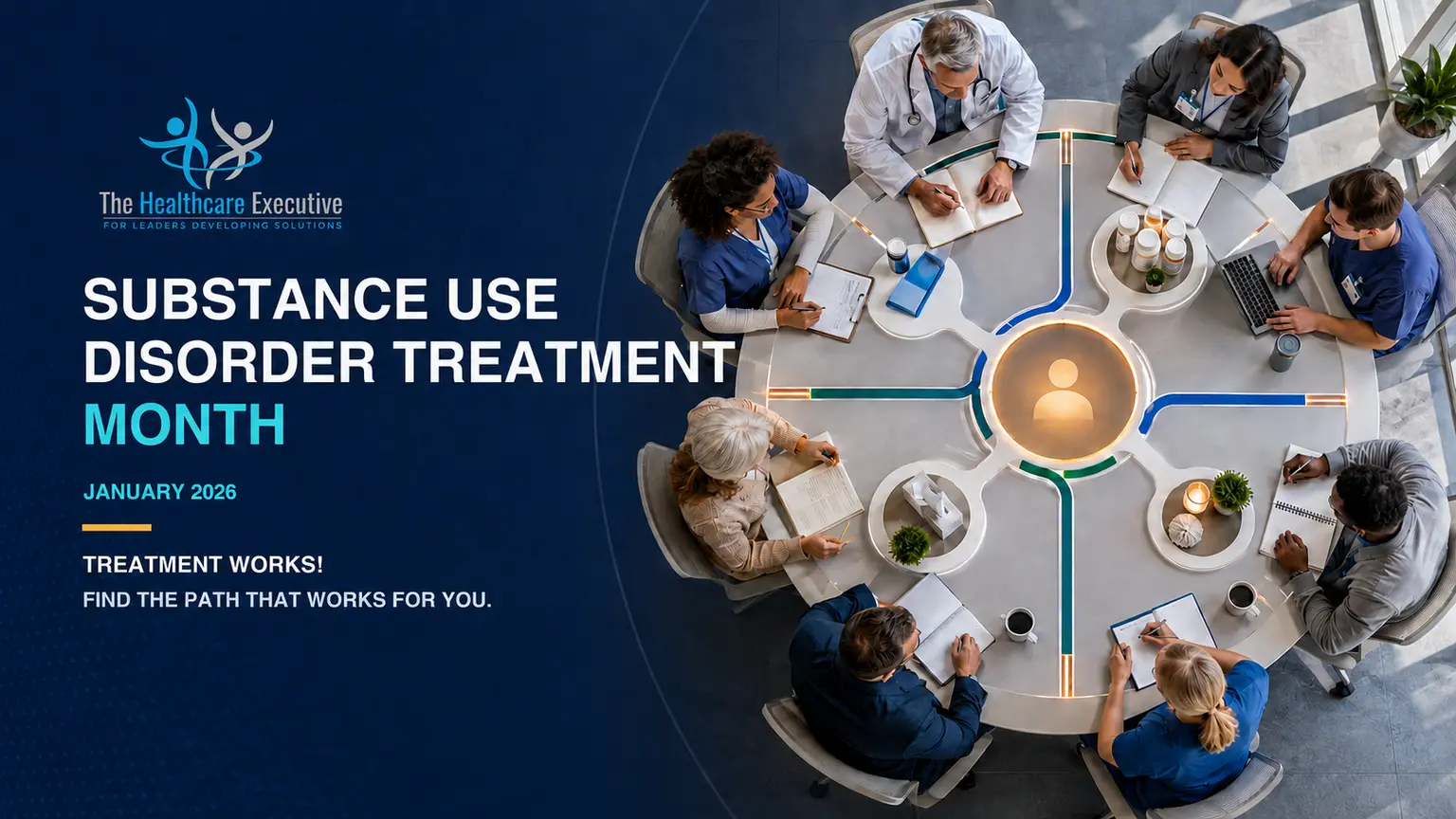 Multidisciplinary healthcare team coordinating treatment pathways for Substance Use Disorder Treatment Month 2026.