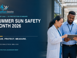 Healthcare leaders reviewing a sun safety operating plan with shade, UV protection, workforce, and community action priorities for August 2026.