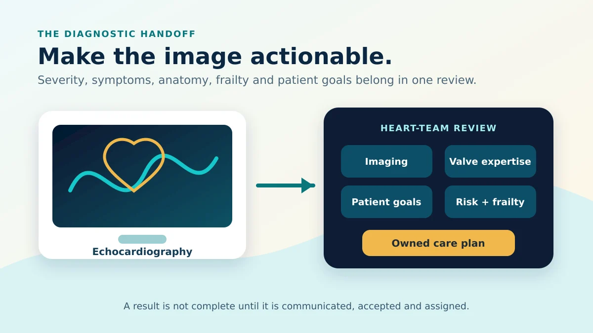 Editorial illustration showing echocardiography feeding a multidisciplinary heart-team review and an owned care plan.