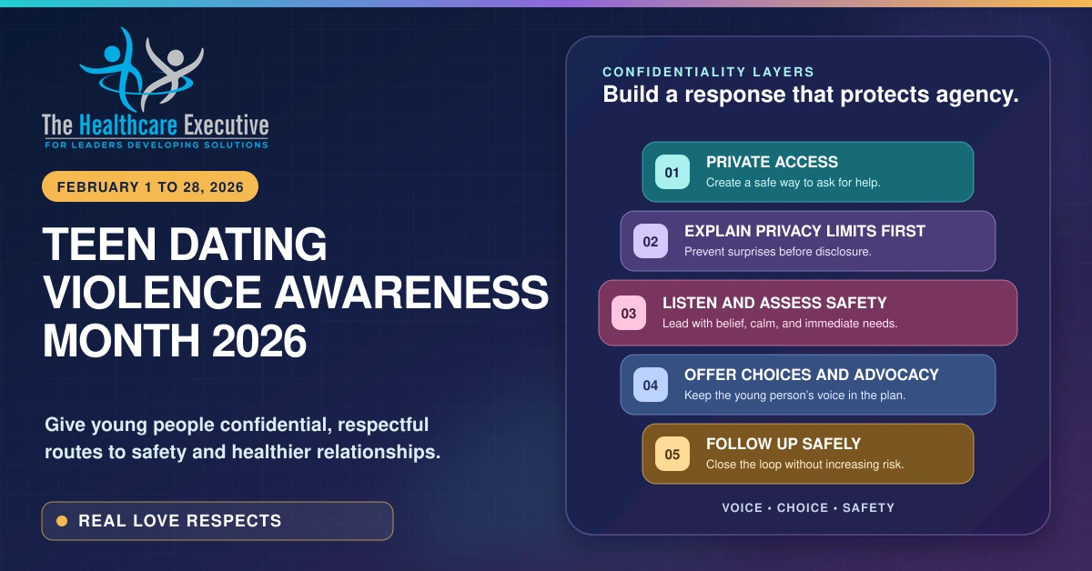 Teen Dating Violence Awareness Month 2026 confidentiality layers for private access, privacy limits, listening, safety assessment, choices, advocacy, and safe follow-up.
